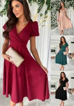 Women Career Solid V neck Puff Sleeve Dress