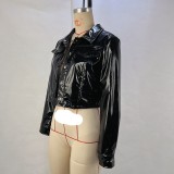 Women's Turndown Collar Pu Long Sleeve Women's Single Breasted Leather Jacket
