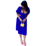 Women Solid U Neck Lantern Short Sleeve Irregular Dress