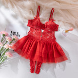 Women Heart Print Lace Backless Sexy Dress Sexy Lingerie Two-piece Set