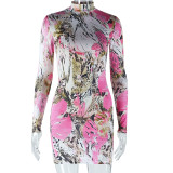 Women's Fashion Butterfly Printed Dress Round Neck Long Sleeve Bodycon Trendy Dress