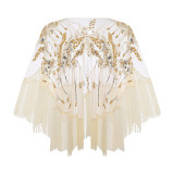 Women retro dress with golden beads and tassel shawl for party and dance sexy mesh cape and sequined jacket