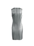 Sexy Fashionable V-Neck Casual Color Block Button Solid Color Metallic Pleated Tight Fitting Dress