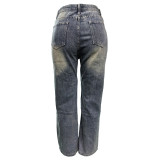 Ripped Two-Button Wide-Leg Straight Denim Pants