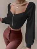 Women Zipper Puff Long Sleeve Shirt