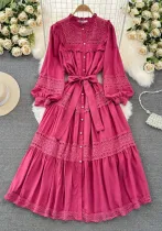 Luxury Chic Lantern Sleeve Long Sleeve Stand Collar Slim Waist Slim Fit A-Line Hollow Dress