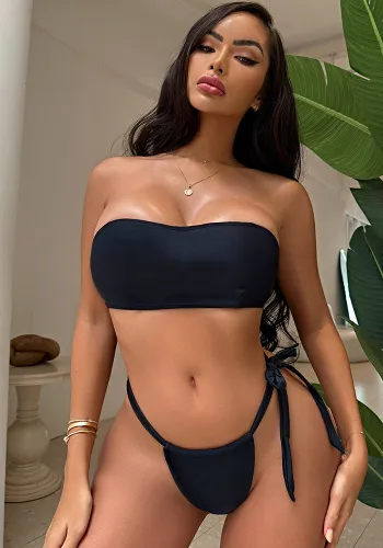 Women Strapless Solid Color Two Piece Bikini Sexy  Low Back Swimsuit