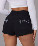 Women Raw Edge Embroidered Washed Hot Shorts Denim Shorts