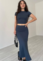 Summer Women's Fashion Casual Solid Color Round Neck Short Sleeve Top Long Skirt Set