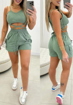 Women's Solid Color Lace-Up Drawstring Casual Two Piece Shorts Set