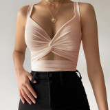 Women's Vest Top Knot Elastic Lace V-Neck Low Back Strap Summer Camisole