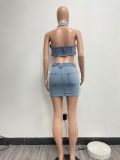 Washed Stretch Denim Halter Neck Zip Sexy Casual Two Piece Skirt Set