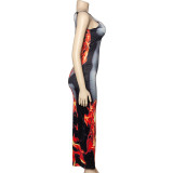 Women Sleeveless Flame Print Bodycon Dress