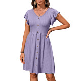 Summer Women's V-Neck Button-Down Slim Waist Stretch Short-Sleeved Dress