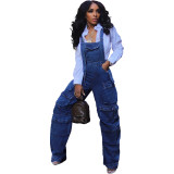 Women style washed Denim loose cargo overalls