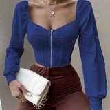 Women Zipper Puff Long Sleeve Shirt
