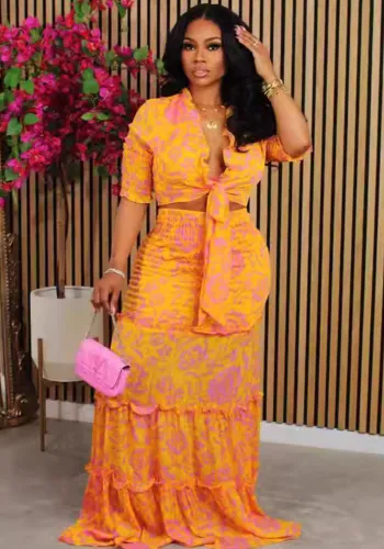 Women's Casual Printed Short Sleeve Shirt Long Skirt Two Piece Set