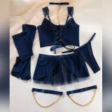 Sexy Lingerie See-Through Mesh Skirt With Halter Neck Chain Gloves Four Piece Set