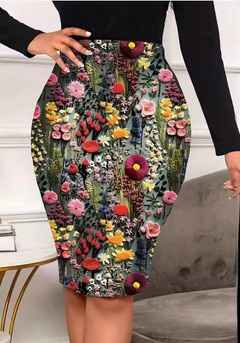 Women's Fashion Floral Print Slim Midi Skirt