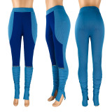 Women's Contrast Color Patchwork Zipper Casual Sports Slit Pleated Pants