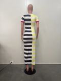 Women Round Neck Short Sleeve Slit Patchwork Striped Dress