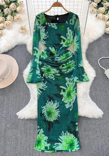 Long-Sleeved Square Neck Chic Slim Spring Autumn Dress