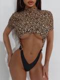 Women Leopard Color Block Sexy Backless One Piece swimwear