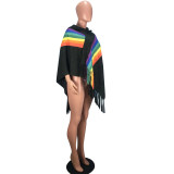 Sexy Women's Clothing Rainbow Stripe Patchwork Tassel Hooded Cloak Top