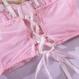 Sexy Lingerie See-Through Mesh Skirt With Halter Neck Chain Gloves Four Piece Set