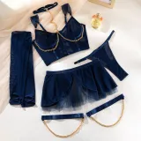 Sexy Lingerie See-Through Mesh Skirt With Halter Neck Chain Gloves Four Piece Set