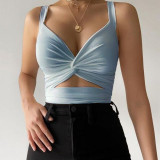 Women's Vest Top Knot Elastic Lace V-Neck Low Back Strap Summer Camisole