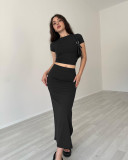 Summer Women's Fashion Casual Solid Color Round Neck Short Sleeve Top Long Skirt Set