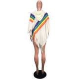 Sexy Women's Clothing Rainbow Stripe Patchwork Tassel Hooded Cloak Top