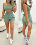 Women's Solid Color Lace-Up Drawstring Casual Two Piece Shorts Set