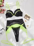 Sexy Bra Set Fashionable Contrasting Color See-Through Mesh Sexy Underwear Garter Belt Three-Piece Lingerie