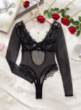Fashionable Lace Mesh Sexy See-Through Low Back Open Crotch Jumpsuit