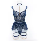 Sexy Lingerie See-Through Mesh Skirt With Halter Neck Chain Gloves Four Piece Set