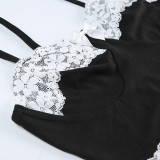 Black White Contrast Color Lace Camisole Bow Patchwork Slim Fit Tank Top