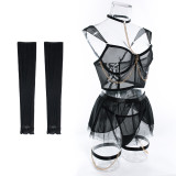 Sexy Lingerie See-Through Mesh Skirt With Halter Neck Chain Gloves Four Piece Set