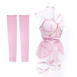 Sexy Lingerie See-Through Mesh Skirt With Halter Neck Chain Gloves Four Piece Set