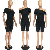 Women's Summer Fashion Slash Shoulder Short Sleeve Sexy Shorts Casual Two Piece Shorts Set