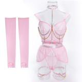 Sexy Lingerie See-Through Mesh Skirt With Halter Neck Chain Gloves Four Piece Set