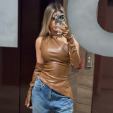Women Summer Sleeveless Slash Shoulder Pu Leather Plus Sleeve Top