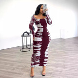 Women Printed Long Sleeve Square Neck Sexy Bodycon Dress