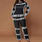 Plus Size Women Stand Collar Striped Long Sleeve Top and Straight Pants Two-piece Set