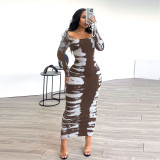 Women Printed Long Sleeve Square Neck Sexy Bodycon Dress