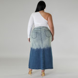 Plus Size Women Gradient Slit Denim Skirt