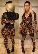 Women's Leopard Print See-Through Mesh Patchwork Sexy Tight Fitting Hooded Jumpsuit