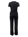 Women Summer Sequin Solid Short Sleeve Top and Pants Two-piece Set