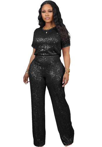 Women Summer Sequin Solid Short Sleeve Top and Pants Two-piece Set